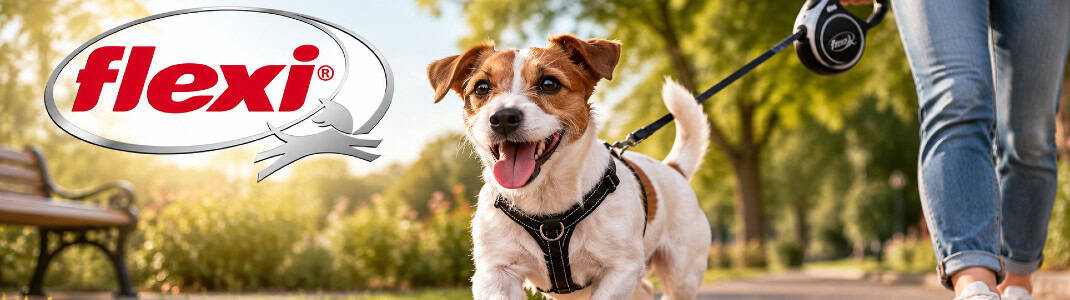 Banner categorie de produs cu animale fericite și logoul companiei Flexi