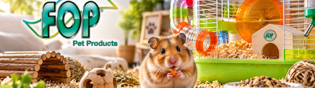 Banner categorie de produs cu animale fericite și logoul companiei FOP