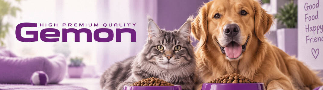 Banner cu logoul companiei Gemon alături de animale fericire și produsele lor