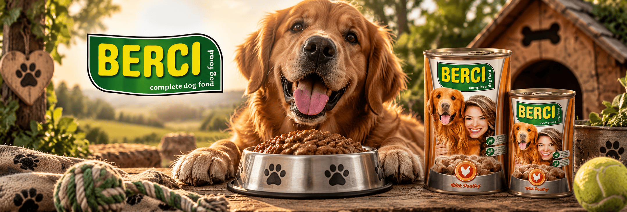 Banner categorie de produs cu animale fericite și logoul companiei Berci