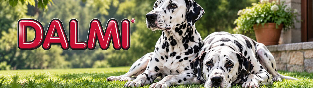 Banner categorie de produs cu animale fericite și logoul companiei Dalmi