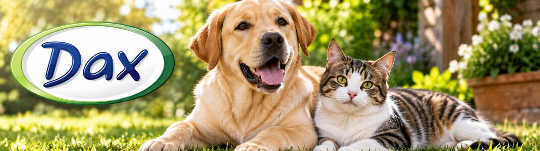 Banner categorie de produs cu animale fericite și logoul companiei Dax