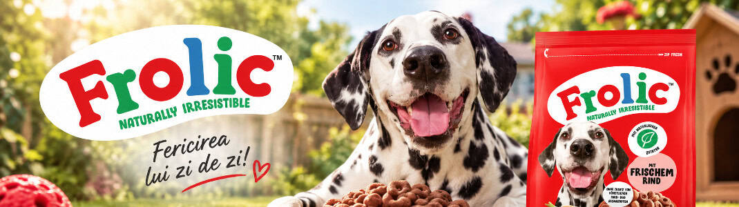 Banner categorie de produs cu animale fericite și logoul companiei Frolic