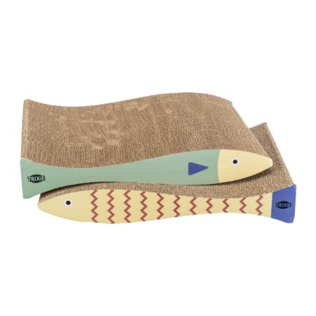 Carton de zgâriat Trixie pentru pisici, formă pește, set 2 bucăți, 40 × 30 × 11 cm, verde mentă/crem