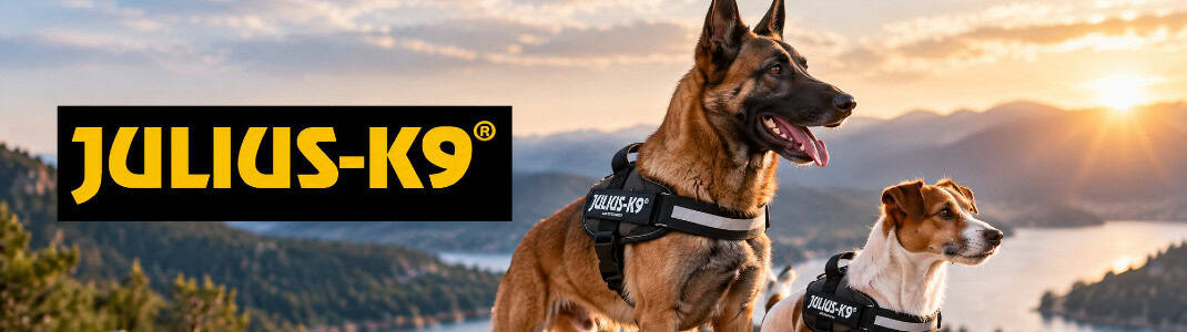 Banner cu logoul companiei Julius-K9 alături de animale fericire și produsele lor