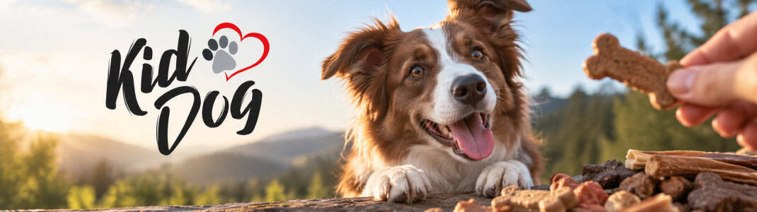 Banner cu logoul companiei Kid Dog alături de animale fericire și produsele lor