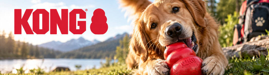 Banner cu logoul companiei Kong alături de animale fericire și produsele lor