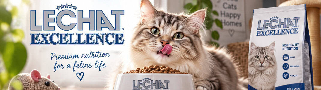 Banner cu logoul companiei Lechat Excellence alături de animale fericire și produsele lor