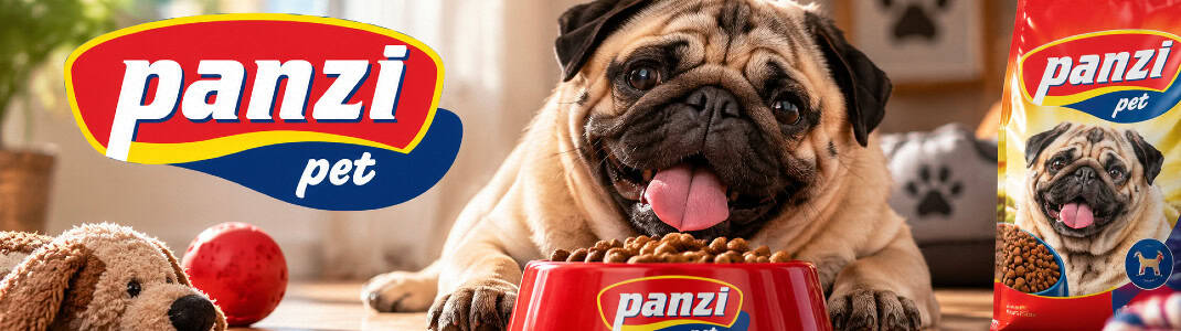 Banner cu logoul companiei Panzi pet alături de animale fericire și produsele lor
