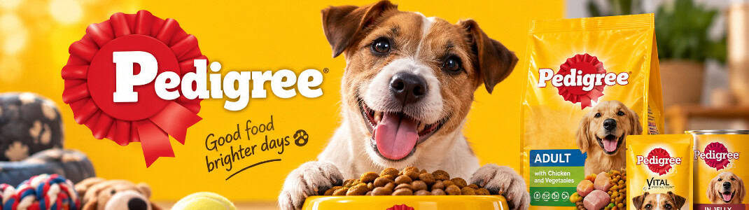 Banner cu logoul companiei Pedigree alături de animale fericire și produsele lor