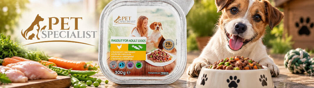 Banner cu logoul companiei Pet Specialist alături de animale fericire și produsele lor