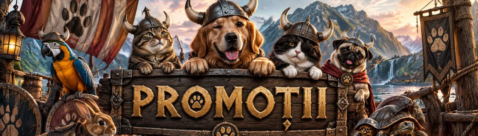 Promoții îl Lumea lui Odin, cu multe animale fericite îmbrăcate în vikingi