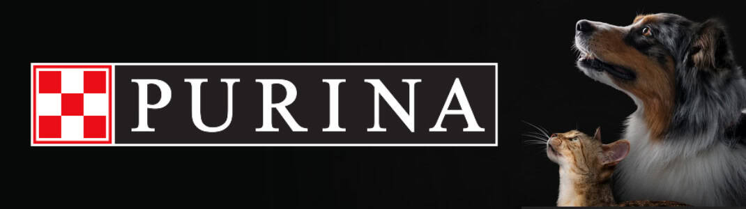 Banner cu logoul companiei Purina alături de animale fericire și produsele lor