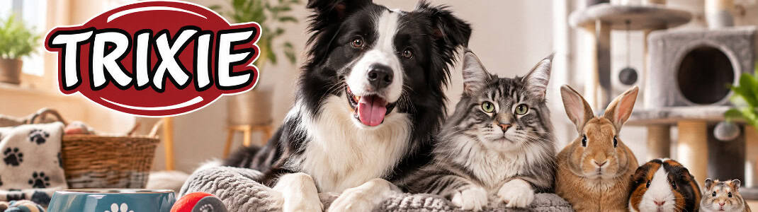 Banner cu logoul companiei Trixie alături de produsele lor și animale fericite