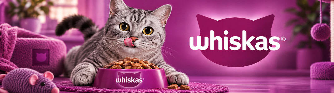 Banner cu logoul companiei Whiskas alături de produsele lor 