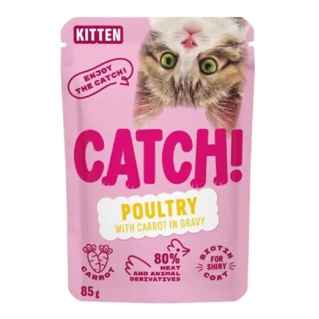 Hrană umedă CATCH! Kitten pentru pisoi juniori, cu pui, curcan și morcovi în sos, 85 g