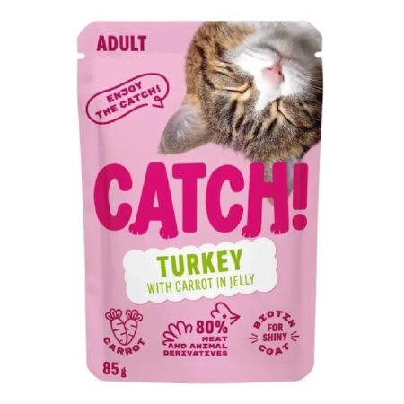 Hrană umedă CATCH! pentru pisici adulte, cu curcan și morcovi în jeleu, 85 g