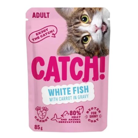 Hrană umedă CATCH! Adult pentru pisici, cu pește alb și morcovi în sos, 85 g
