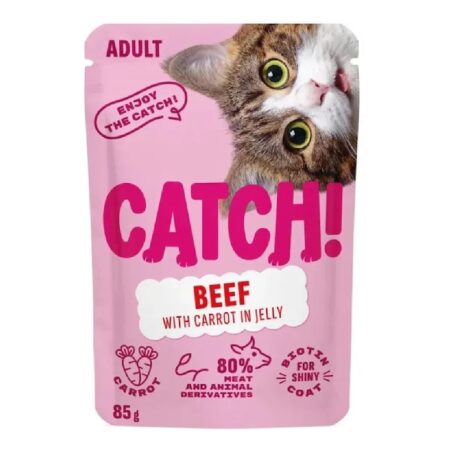 Hrană umedă CATCH! pentru pisici adulte, cu vită și morcovi în jeleu, 85 g