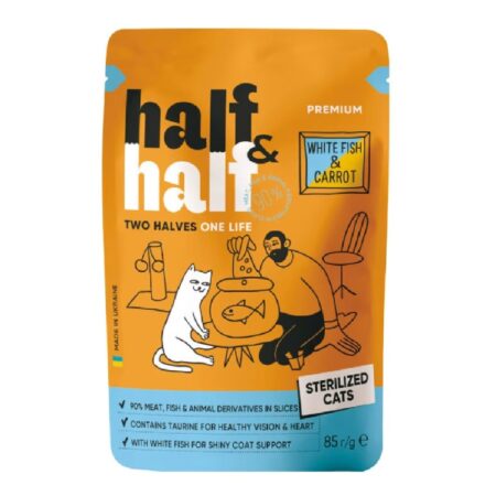 Hrană umedă Half&Half Premium pentru pisici sterilizate, cu pește alb și morcovi în sos, 85 g